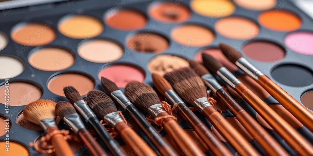 Neatly arranged warm-toned eyeshadow brushes before a palette, flatlay, tools Neatly arranged warm-toned eyeshadow brushes before a palette, flatlay, tools