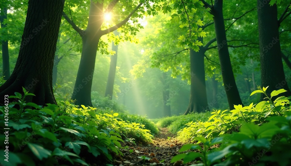 Obraz premium Lush forest green foliage, sunlight dappling through leaves , leaf, forest