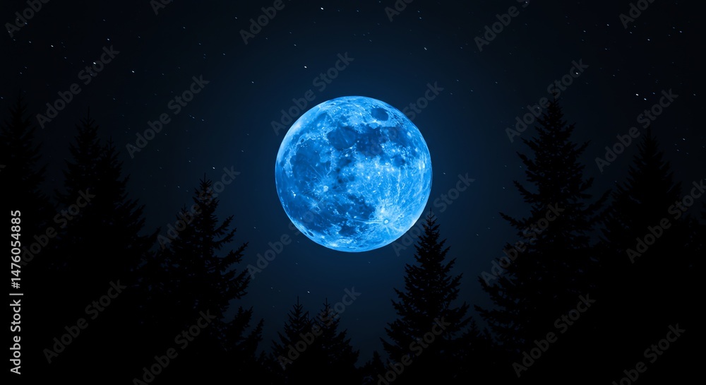 Fototapeta premium Blue Moon Over Dark Forest Silhouette