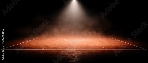 Court with floor in spotlight, set against a dark, hazy background
