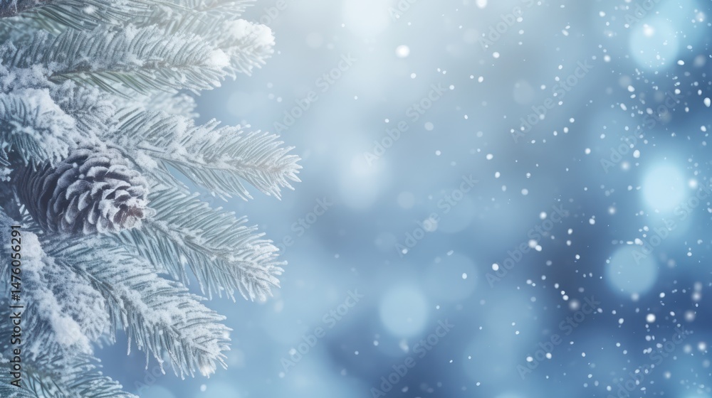A snow-covered pine branch with a pine cone against a blue and white bokeh background with snowflakes falling. A snow-covered pine branch with a pine cone against a blue and white bokeh background with snowflakes falling.