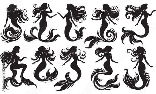 Mermaid Silhouettes Vector Set – Elegant Mermaid Poses for Fantasy Designs, Ocean-Themed Artwork, Tattoos, Marine Illustrations, and Aquatic Concepts.