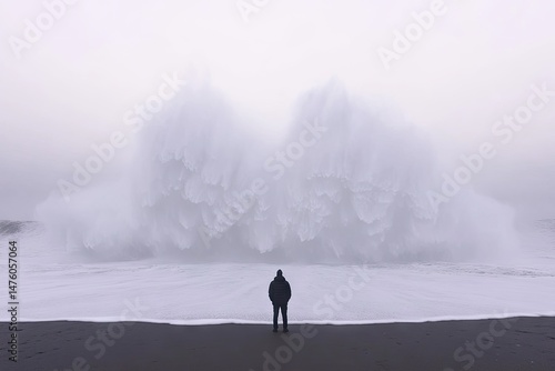Solitary figure confronts crashing waves on a dark, sandy shore in foggy weather
