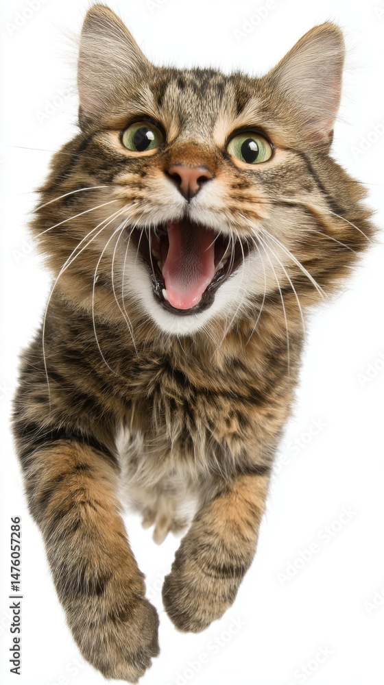 Obraz premium Close-up of Tabby Cat Yawning with Mouth Wide Open on White Background Studio Shot Frontal View Feline Pet