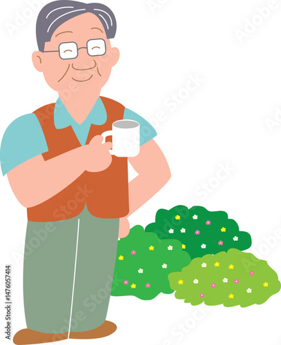 野外でコーヒーカップを持つお父さん
