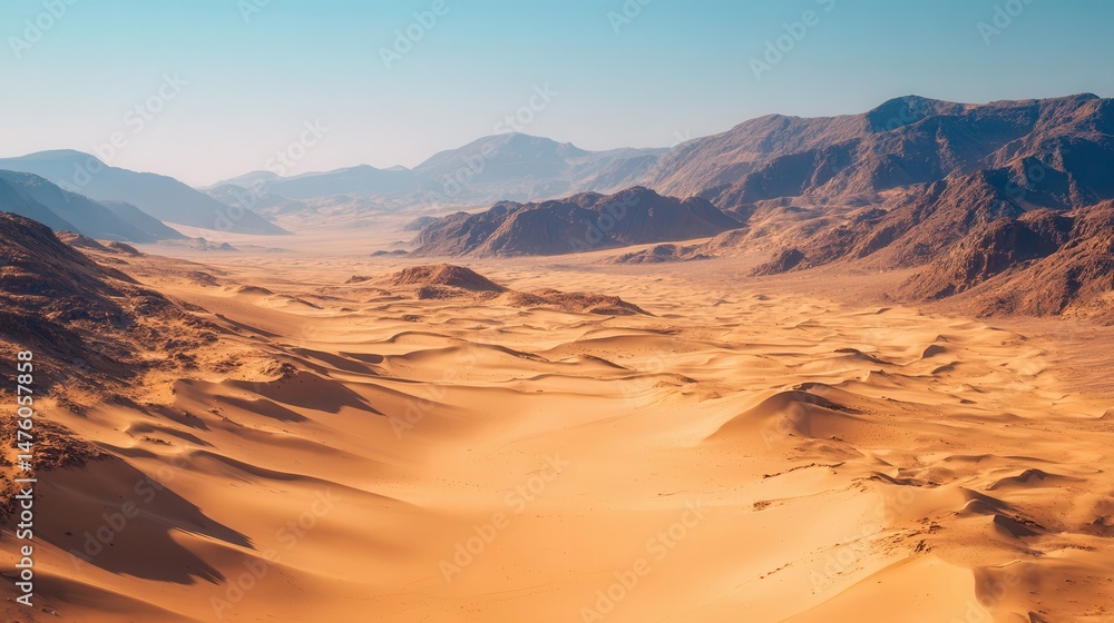 Naklejka premium Expansive desert valley between majestic mountains.