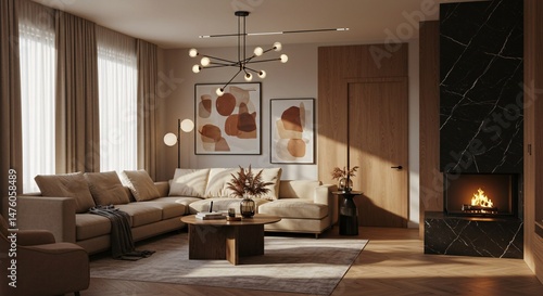 Modern Living Room Interior Design with Brown Leather Chair, Beige Sofa and Wooden Wall Panels