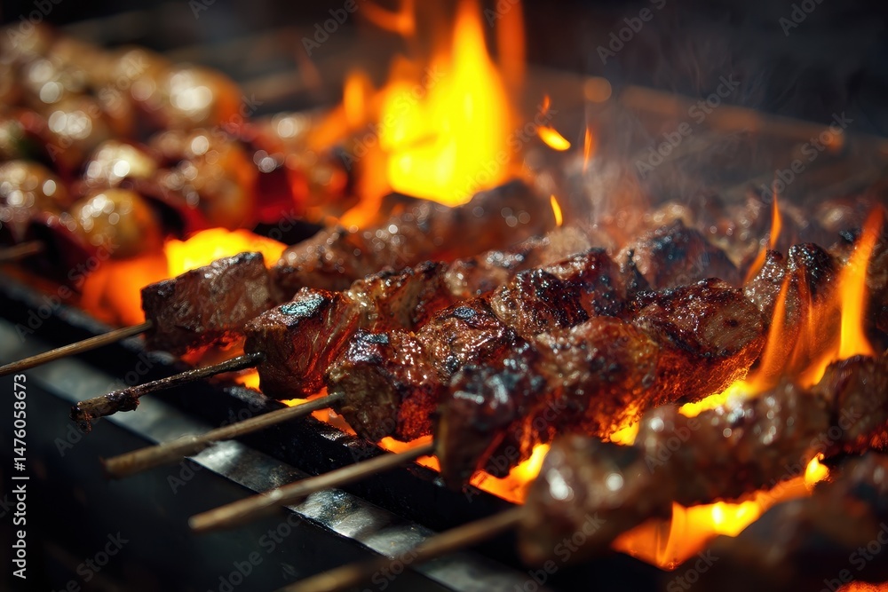 Detailed view of meat skewers cooking on a barbecue Detailed view of meat skewers cooking on a barbecue