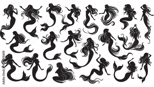 Mermaid Silhouettes Vector Set – Elegant Mermaid Poses for Fantasy Designs, Ocean-Themed Artwork, Tattoos, Marine Illustrations, and Aquatic Concepts.