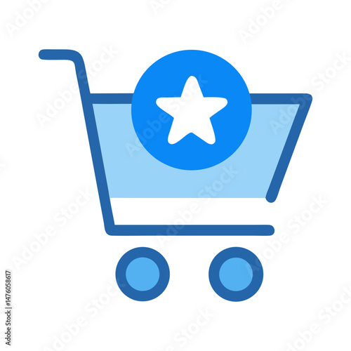 Blue shopping cart icon with black star symbol isolated