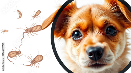Cute dog and illustration of helminths under microscope on white background. Parasites in animal