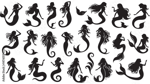 Mermaid Silhouettes Vector Set – Elegant Mermaid Poses for Fantasy Designs, Ocean-Themed Artwork, Tattoos, Marine Illustrations, and Aquatic Concepts.