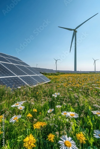 Solar panels and wind turbines in flower field under blue sky low angle view clean energy sustainability