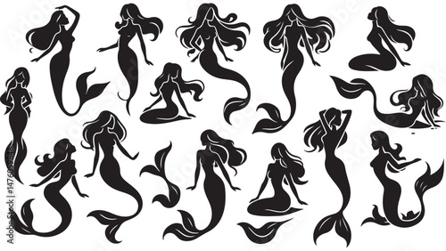 Mermaid Silhouettes Vector Set – Elegant Mermaid Poses for Fantasy Designs, Ocean-Themed Artwork, Tattoos, Marine Illustrations, and Aquatic Concepts.