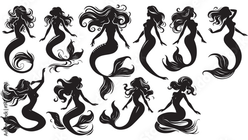 Mermaid Silhouettes Vector Set – Elegant Mermaid Poses for Fantasy Designs, Ocean-Themed Artwork, Tattoos, Marine Illustrations, and Aquatic Concepts.