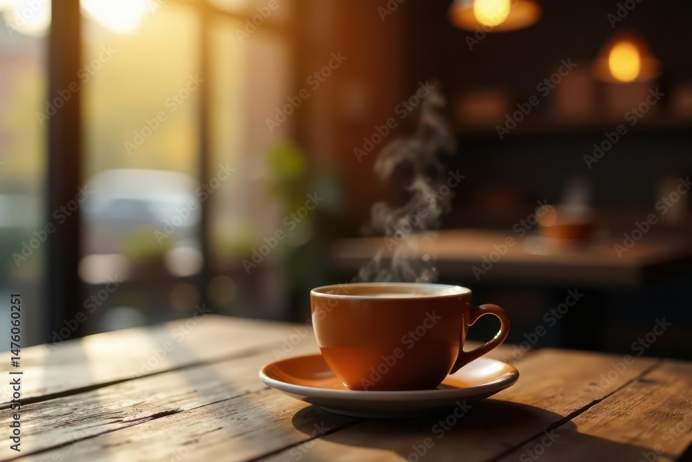 Fototapeta premium Warmth of a Steaming Mug on a Rustic Wooden Table in a Cozy Cafe Setting