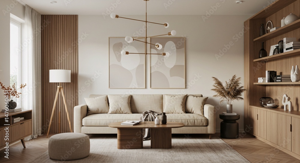 Fototapeta premium Modern Living Room Interior Design with Brown Leather Chair, Beige Sofa and Wooden Wall Panels - 3D Render Illustration, Stylish scandinavian living room with design