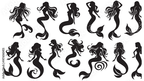 Mermaid Silhouettes Vector Set – Elegant Mermaid Poses for Fantasy Designs, Ocean-Themed Artwork, Tattoos, Marine Illustrations, and Aquatic Concepts.