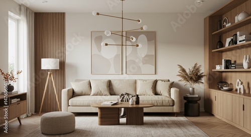Modern Living Room Interior Design with Brown Leather Chair, Beige Sofa and Wooden Wall Panels - 3D Render Illustration, Stylish scandinavian living room with design