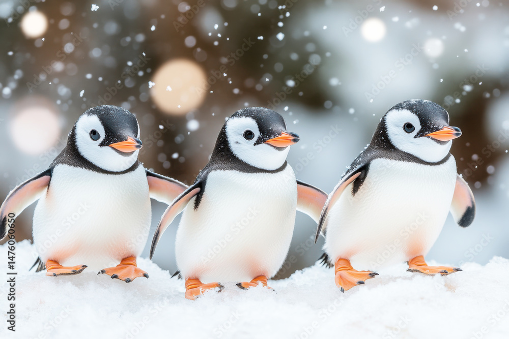 Fototapeta premium Three adorable penguins stand together in the snow with a blurred, wintry background and soft bokeh lights.