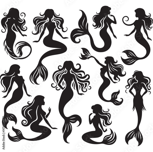 Mermaid Silhouettes Vector Set – Elegant Mermaid Poses for Fantasy Designs, Ocean-Themed Artwork, Tattoos, Marine Illustrations, and Aquatic Concepts.