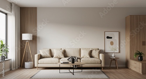 Modern Living Room Interior Design with Brown Leather Chair, Beige Sofa and Wooden Wall Panels