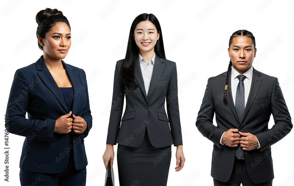 Diverse Business Professionals in Formal Attire: A Group Portrait of Three Young Adults Representing Varying Ethnicities in Business Suits Against a transparent background Diverse Business Professionals in Formal Attire: A Group Portrait of Three Young Adults Representing Varying Ethnicities in Business Suits Against a transparent background