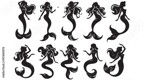 Mermaid Silhouettes Vector Set – Elegant Mermaid Poses for Fantasy Designs, Ocean-Themed Artwork, Tattoos, Marine Illustrations, and Aquatic Concepts.