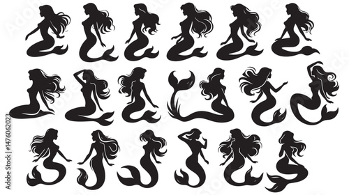 Mermaid Silhouettes Vector Set – Elegant Mermaid Poses for Fantasy Designs, Ocean-Themed Artwork, Tattoos, Marine Illustrations, and Aquatic Concepts.