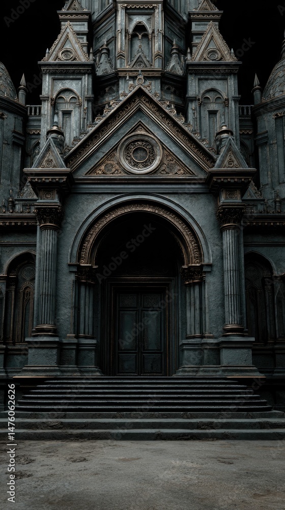 Obraz premium Grand Gothic Cathedral Entrance: Dark Elegance and Architectural Detail