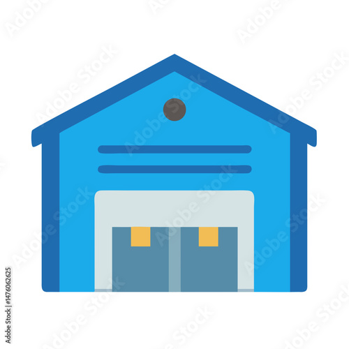 Blue warehouse building with partially open loading bay door