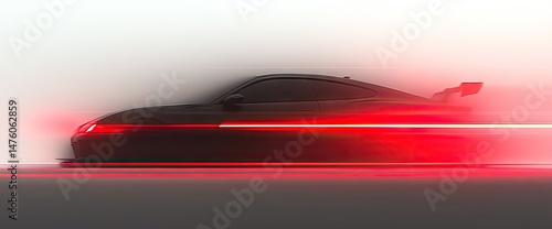 Dark car speeding with bright red lights on a white background, viewed from its side profile