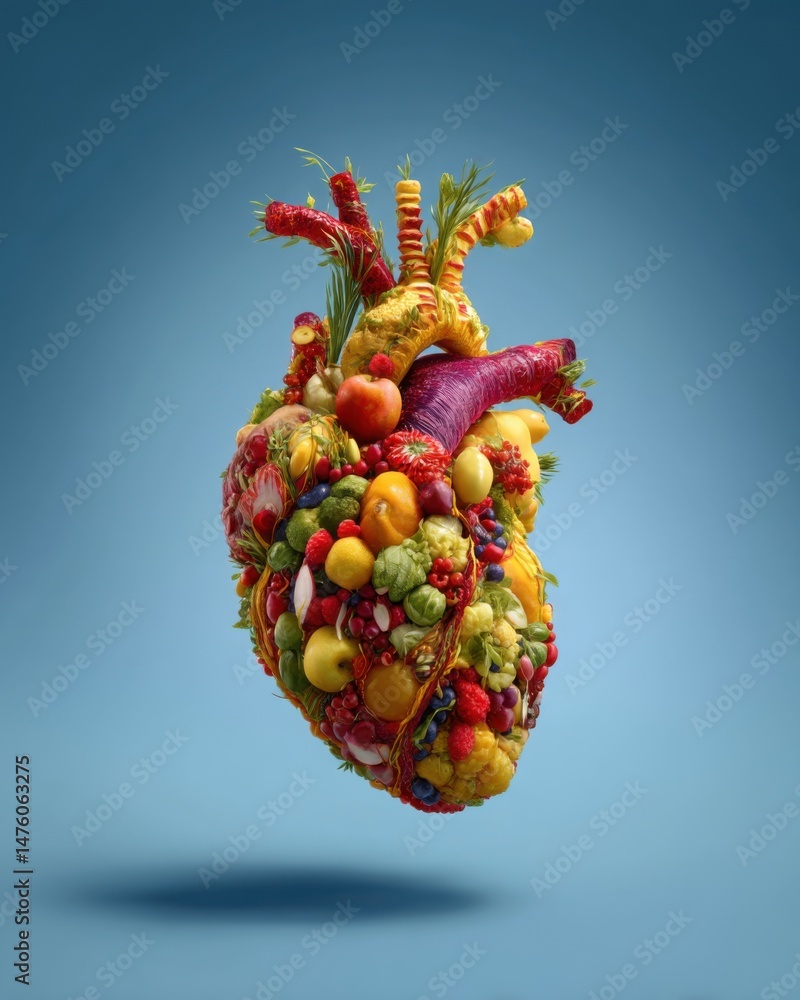 Naklejka premium Heart made of fruits and vegetables floating in studio shot promoting healthy lifestyle and nutrition for cardiovascular health