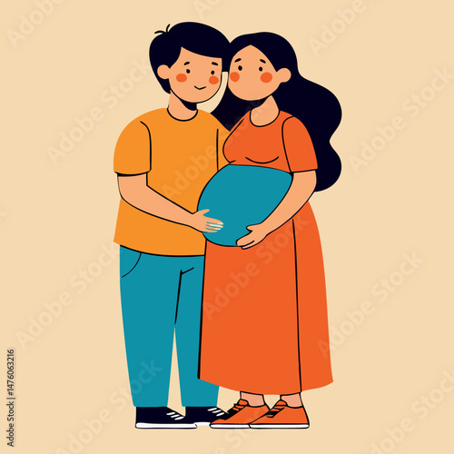 Happy Pregnant Couple Expecting Baby, Illustration