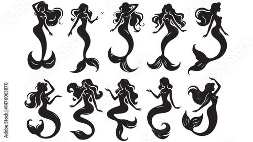 Mermaid Silhouettes Vector Set – Elegant Mermaid Poses for Fantasy Designs, Ocean-Themed Artwork, Tattoos, Marine Illustrations, and Aquatic Concepts.