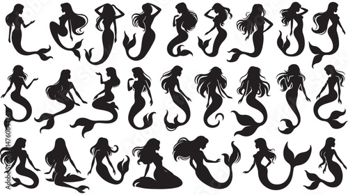 Mermaid Silhouettes Vector Set – Elegant Mermaid Poses for Fantasy Designs, Ocean-Themed Artwork, Tattoos, Marine Illustrations, and Aquatic Concepts.