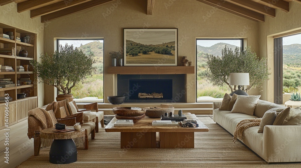 Fototapeta premium Spacious, rustic living room with a warm, natural aesthetic.