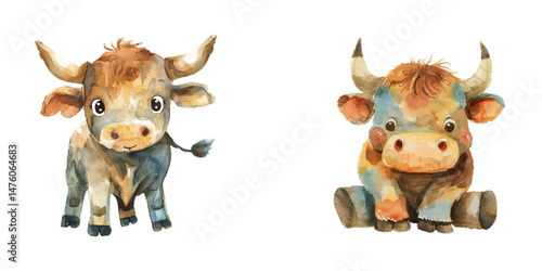 cute bull watercolor vector illustration