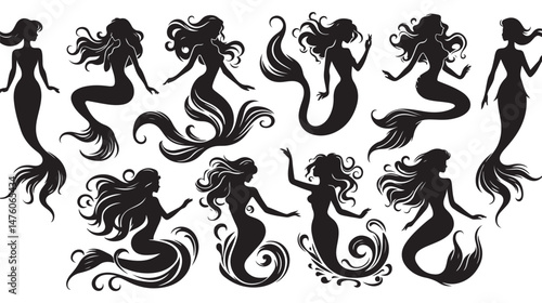 Mermaid Silhouettes Vector Set – Elegant Mermaid Poses for Fantasy Designs, Ocean-Themed Artwork, Tattoos, Marine Illustrations, and Aquatic Concepts.