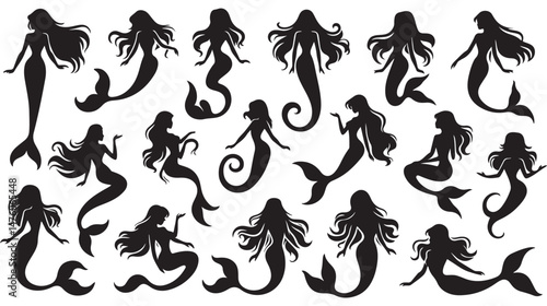 Mermaid Silhouettes Vector Set – Elegant Mermaid Poses for Fantasy Designs, Ocean-Themed Artwork, Tattoos, Marine Illustrations, and Aquatic Concepts.