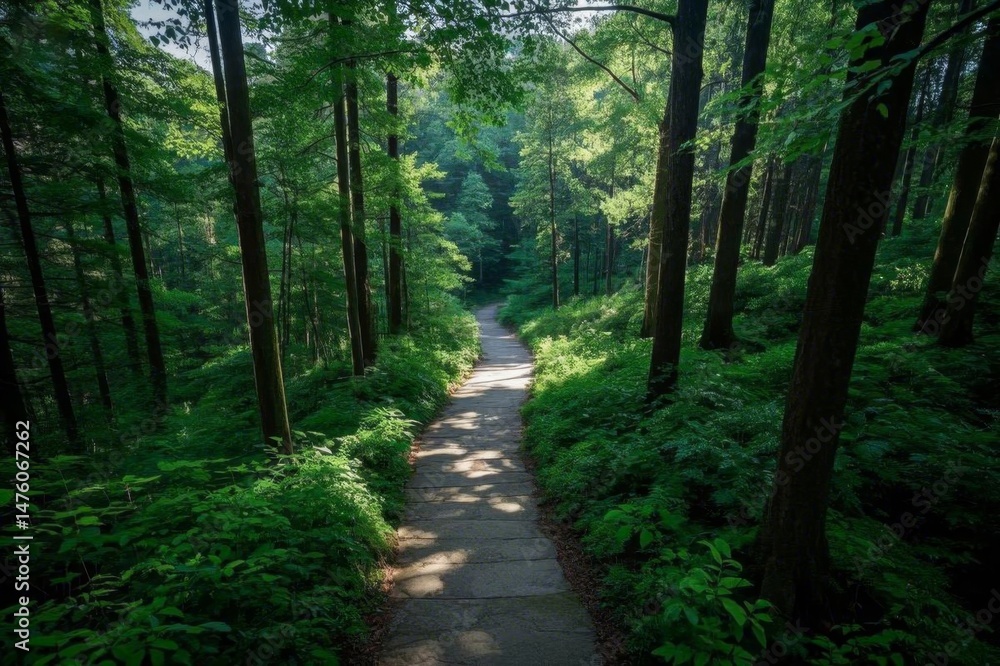 Fototapeta premium a view of a path through a forest with lots of trees