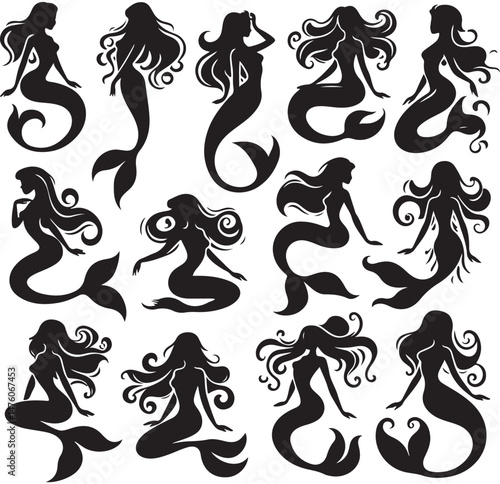 Mermaid Silhouettes Vector Set – Elegant Mermaid Poses for Fantasy Designs, Ocean-Themed Artwork, Tattoos, Marine Illustrations, and Aquatic Concepts.
