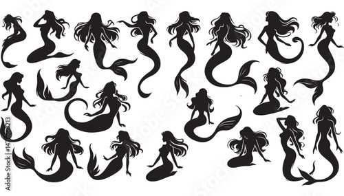 Mermaid Silhouettes Vector Set – Elegant Mermaid Poses for Fantasy Designs, Ocean-Themed Artwork, Tattoos, Marine Illustrations, and Aquatic Concepts.