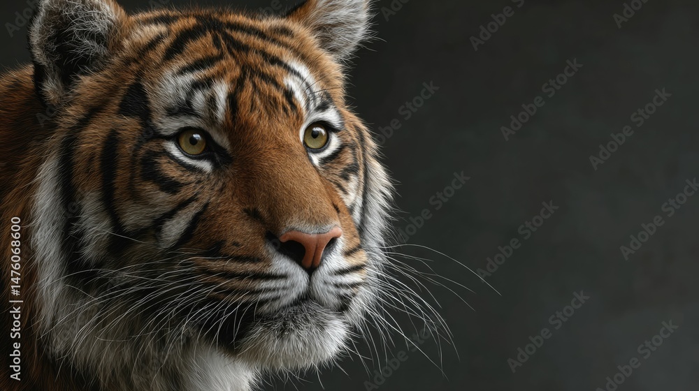 Naklejka premium Majestic Sumatran Tiger Portrait: A Serene, Dark Background Study