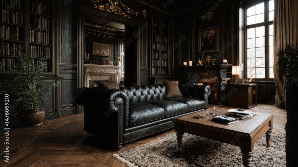 Fototapeta premium Dark Elegance: A Luxurious Leather Sofa in a Classic Library Setting