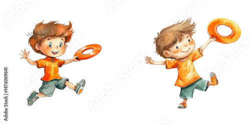 cute kid playing ultimate frisbee watercolor vector illustration
