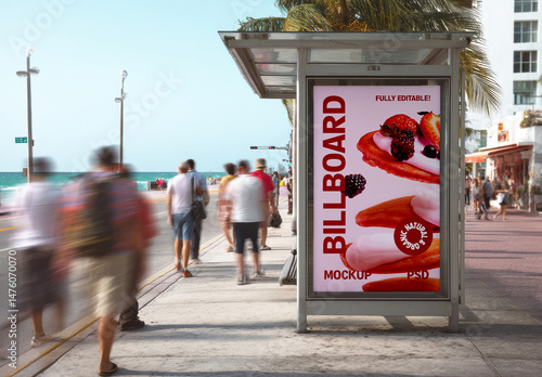 Vertical Billboard Mockup on Beachside Bus Stop