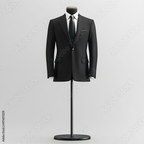 A full-body mockup of a sleek black business suit, displayed on a mannequin with a transparent background, showcasing the sophisticated tailoring and sharp details