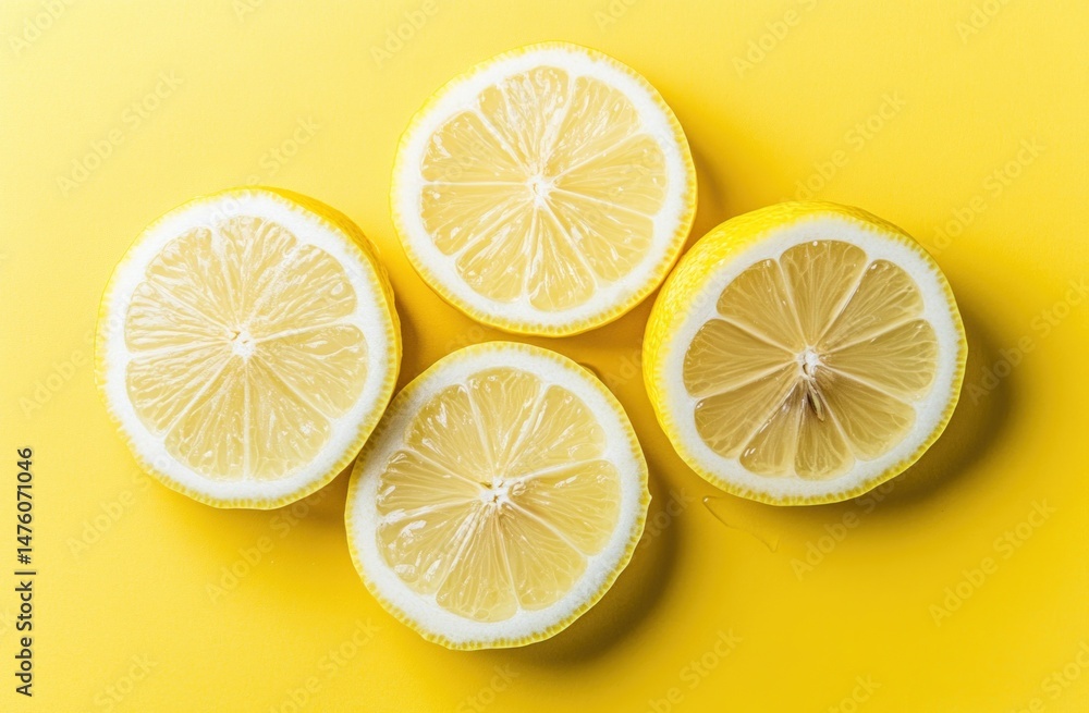 Lemon slices on a yellow background with water drops, lemon texture, top view, close-up, high-resolution photography Lemon slices on a yellow background with water drops, lemon texture, top view, close-up, high-resolution photography