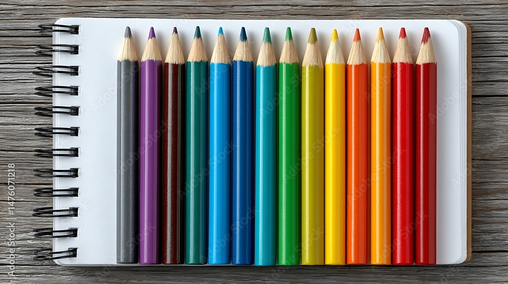 Obraz premium Rainbow Colored Pencils on Notepad with Creative Art Supplies.